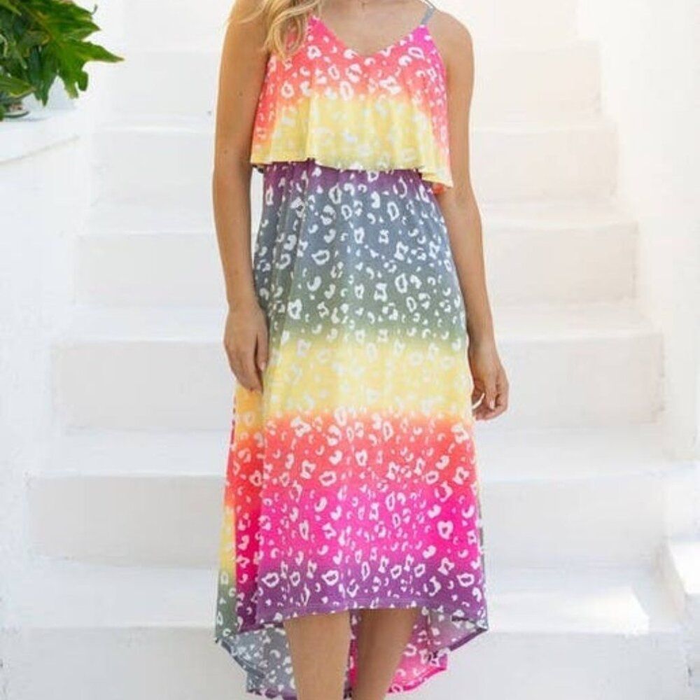 White Birch Neon Animal Print Dress- Medium NWOT- Bold, Strappy, Bright, Fun